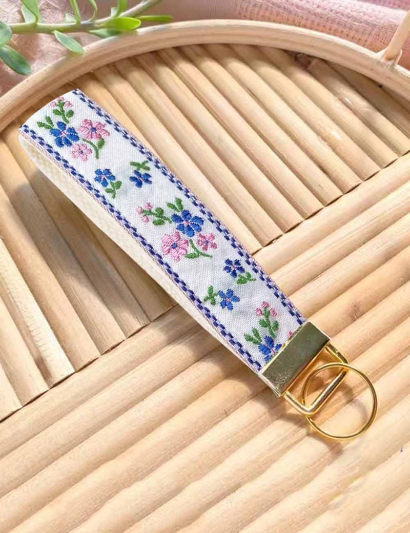 BattleTim Floral Embroidered Fabric Keychain Wristlet Key Fob Keychain Car Key Chain Holder Handmade Wristband for Women - Image 3